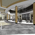 Sales Office Grand Interior Featuring Tall Columns Elegant Chandelier Tables Chairs And Modern Floor Design