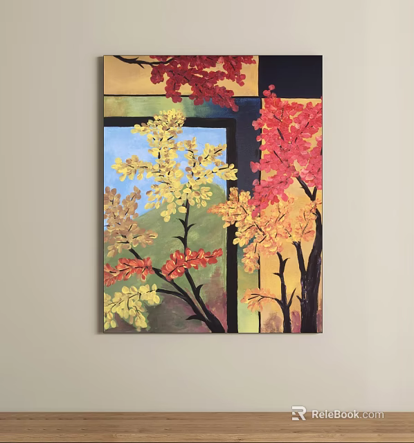 Oil Painting with Yellow and Red Leaves on Branches and Geometric Color Block Background 3d model 