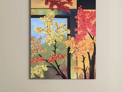 Oil Painting with Yellow and Red Leaves on Branches and Geometric Color Block Background 3d model