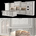 Elegant White Kitchen Cabinets With Carved Details And Marble Island Countertop