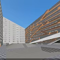 Modern Office Building Featuring Interlaced Orange Structures White Walls And Archway Entrance