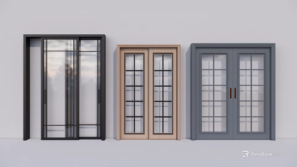 Modern Sliding Doors with Glass Panels in Black Wooden and Gray Finishes 3d model 
