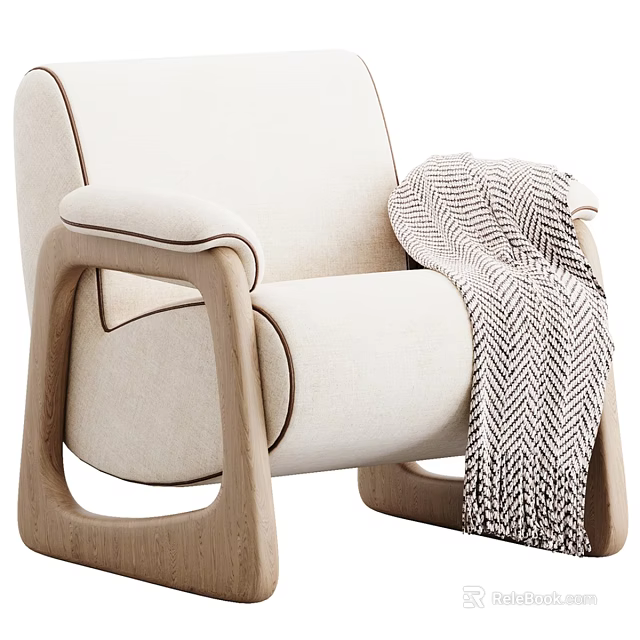 Cream Colored Lounge Chair With Wooden Curved Armrests Legs And Herringbone Pattern Blanket 3d model 