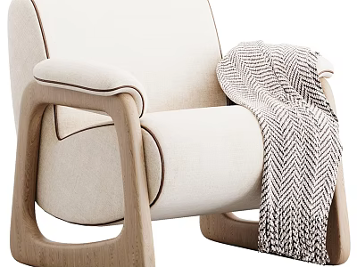 Cream Colored Lounge Chair With Wooden Curved Armrests Legs And Herringbone Pattern Blanket 3d model