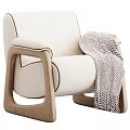 Cream Colored Lounge Chair With Wooden Curved Armrests Legs And Herringbone Pattern Blanket
