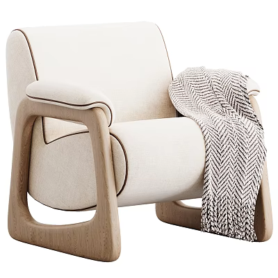 Cream Colored Lounge Chair With Wooden Curved Armrests Legs And Herringbone Pattern Blanket 3d model