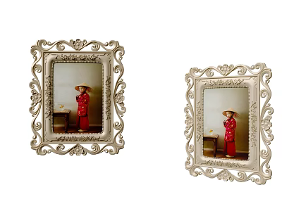 Silver Ornate Border Photo Frames With Person In Red Hat By Table 3d model