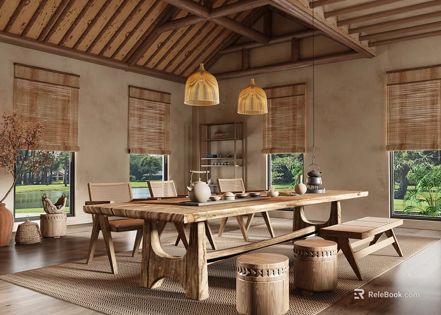 Rustic Teahouse With Wooden Roof Bamboo Blinds Long Wooden Table Stools And Green Plants Outside 3d model 