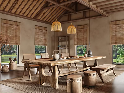 Rustic Teahouse With Wooden Roof Bamboo Blinds Long Wooden Table Stools And Green Plants Outside 3d model