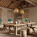 Rustic Teahouse With Wooden Roof Bamboo Blinds Long Wooden Table Stools And Green Plants Outside
