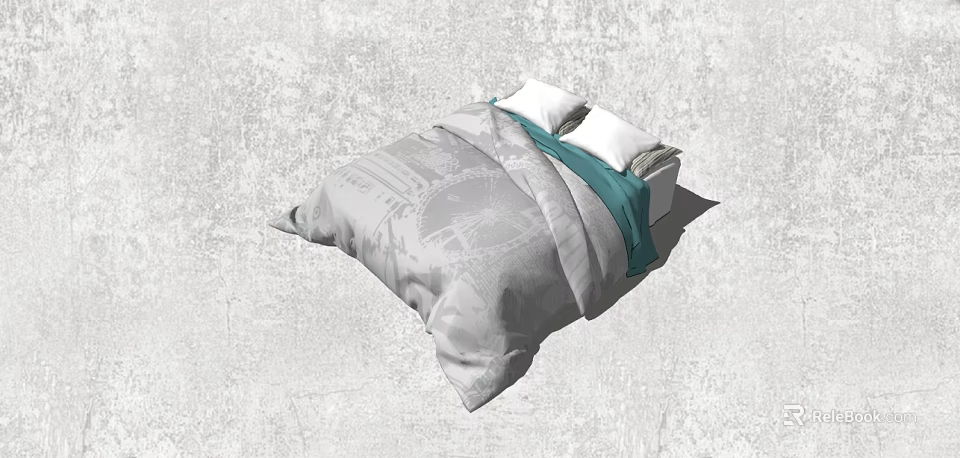 Double Bed With Gray Comforter White Pillows And Teal Blanket In Minimalist Setting 3d model 