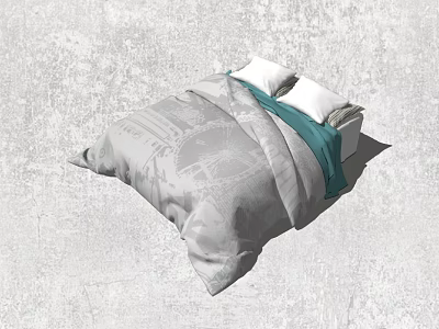 Double Bed With Gray Comforter White Pillows And Teal Blanket In Minimalist Setting 3d model