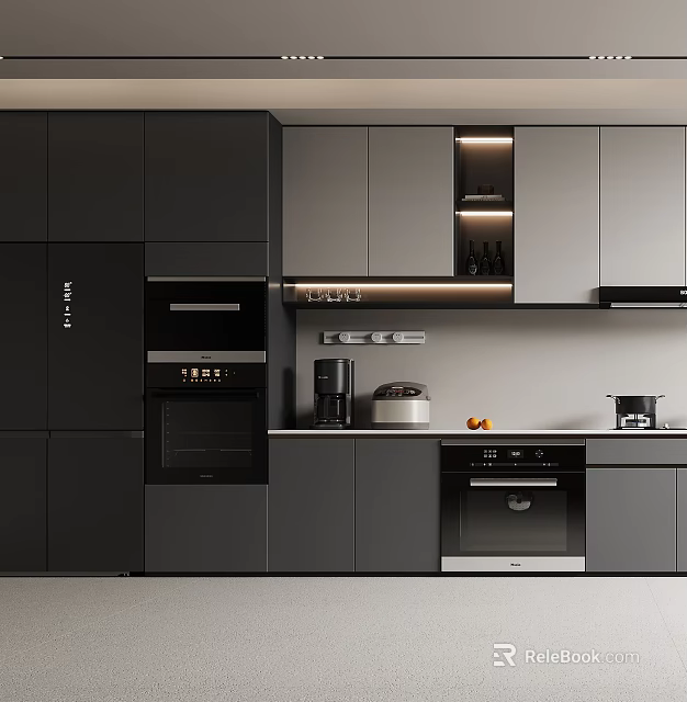 Modern Sleek Kitchen With Dark Gray Cabinets Built in Appliances And Under Cabinet Lighting 3d model 