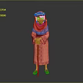 Traditional Red Robed Doll Figure With Headscarf Holding Wooden Cane And Red Shoes