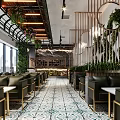 Modern Café Interior Design With Hanging Lights Green Plants And Seating Area