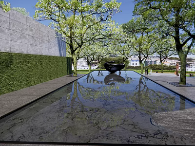 Water Fountain with Pool Reflection Surrounded by Trees Green Hedge Gray Wall Under Blue Sky 3d model
