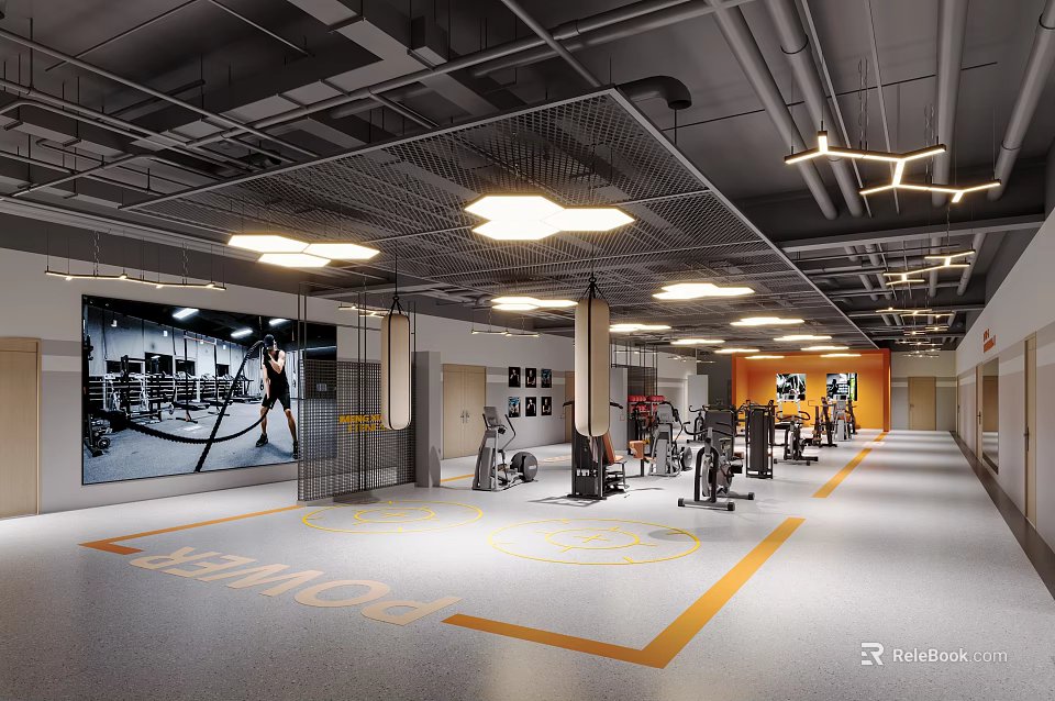 Modern Spacious Fitness Gym Interior Featuring Power Logo Mirrors And Equipment 3d model 