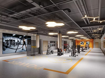 Modern Spacious Fitness Gym Interior Featuring Power Logo Mirrors And Equipment 3d model