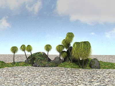 Several Trees in Natural Landscape with Rocks Green Grass Blue Sky and White Clouds 3d model