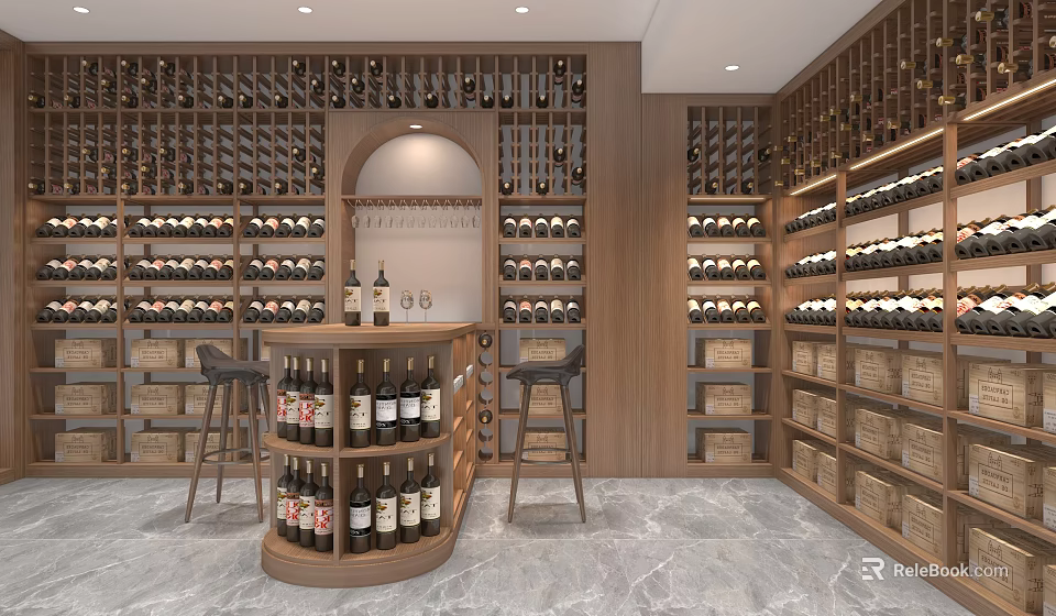 Elegant Wine Cellar Interior Design With Wooden Racks Arranged Bottles Round Bar Counter And Stools 3d model 