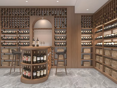 Elegant Wine Cellar Interior Design With Wooden Racks Arranged Bottles Round Bar Counter And Stools 3d model