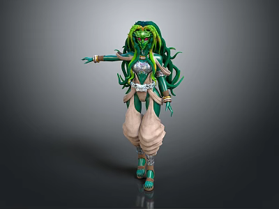 Game Movie Character With Green Long Hair Silver Ornaments And Light Colored Outfit 3d model