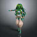 Game Movie Character With Green Long Hair Silver Ornaments And Light Colored Outfit