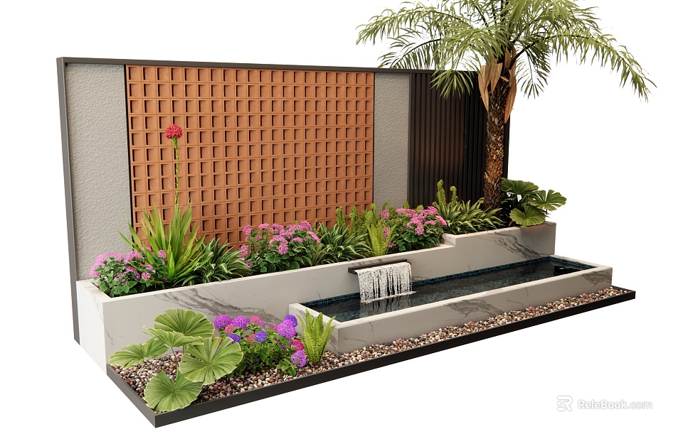 Scenic Feature Wall With Wooden Lattice Green Plants Purple Flowers Small Waterfall And Stone Basin 3d model 