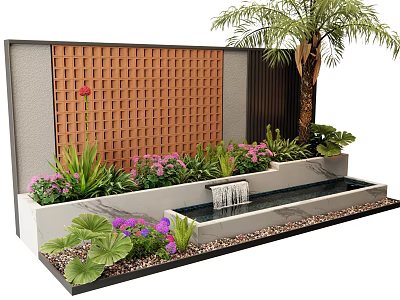 Scenic Feature Wall With Wooden Lattice Green Plants Purple Flowers Small Waterfall And Stone Basin 3d model