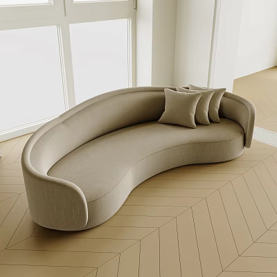 Curved Beige Sofa with Decorative Cushions in Modern Living Room on Herringbone Wooden Floor 3d model