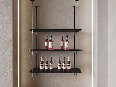 Stylish Modern Wall Mounted Black Shelf with Three Tiers Holding Wine Bottles 3d model