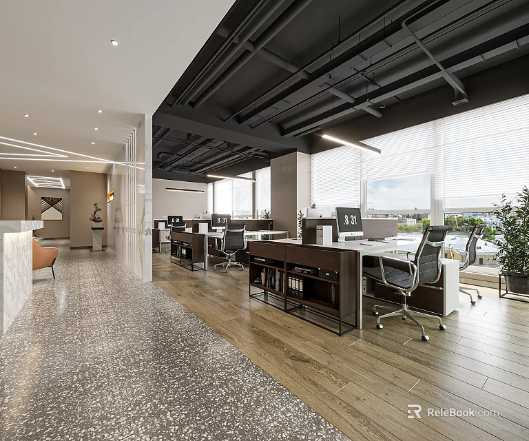 Modern Public Office Area With Open Layout Work Desks Ergonomic Chairs And Large Windows 3d model