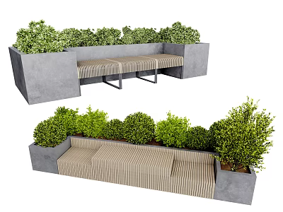 Modern Outdoor Chair with Striped Seat and Concrete Planters Surrounded by Green Bushes 3d model