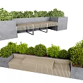 Modern Outdoor Chair with Striped Seat and Concrete Planters Surrounded by Green Bushes