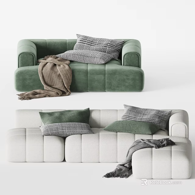 Green And White Modular Sofa Set With Plaid Cushions And Throw Blankets 3d model