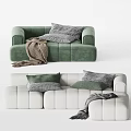 Green And White Modular Sofa Set With Plaid Cushions And Throw Blankets 3d model