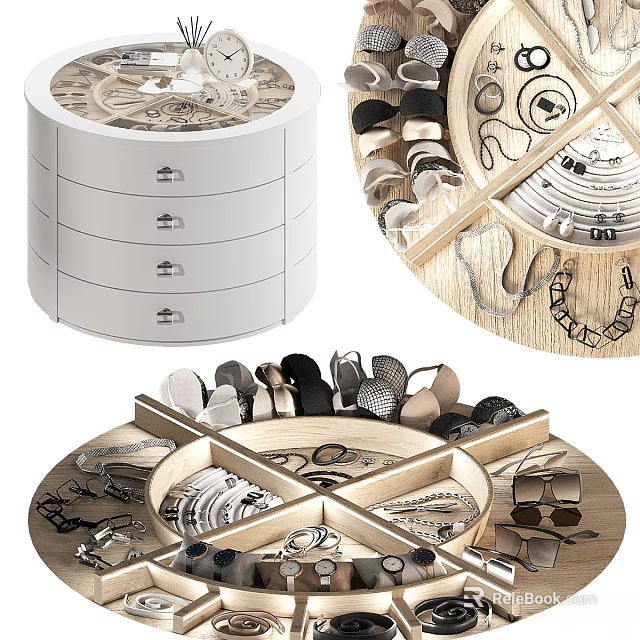 Rotating Jewelry Organizer With White Drawer Storage And Wooden Compartments For Accessories 3d model 