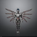 Sci Fi Humanoid Character With Multiple Mechanical Appendages Silver Red Armor And Blue Headpiece 3d model