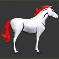 White Horse 3D Model With Red Mane Tail And Blue Decorative Lines Hooves