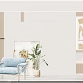 Modern Light Blue Single Sofa with Metal Frame and Cat Potted Plant on Wooden Floor