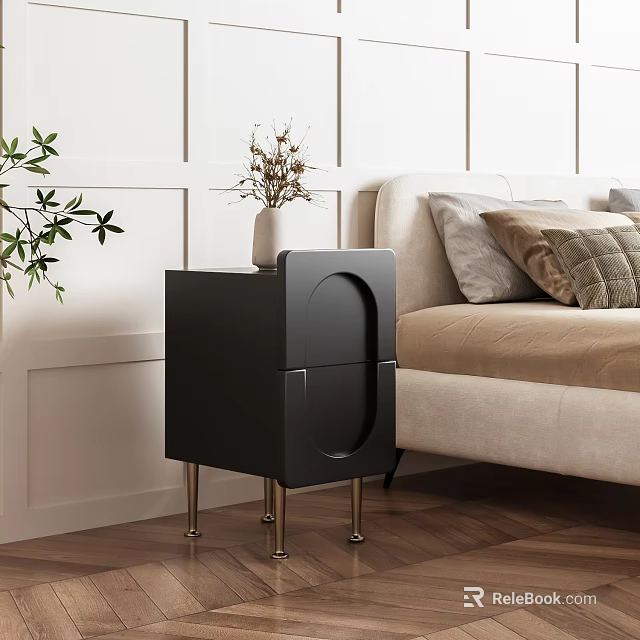 Modern Black Bedside Table With Metal Legs And Vase On Wooden Floor 3d model 