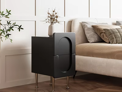 Modern Black Bedside Table With Metal Legs And Vase On Wooden Floor 3d model