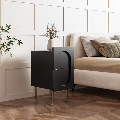 Modern Black Bedside Table With Metal Legs And Vase On Wooden Floor 3d model