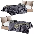 Modern Double Bed With Linen Headboard Dark Gray Quilt Plaid Blanket And Gray Pillows