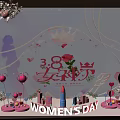 Women's Day Decorative Setup With Heart Shaped Crown Rose Cosmetic Models And Pink Balloons