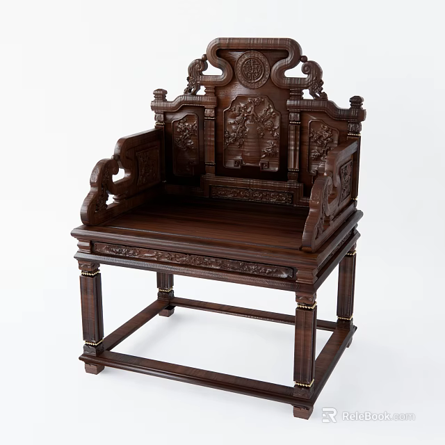 Traditional Wooden Armchair With Intricate Carved Patterns Ornate Backrest And Armrests 3d model 