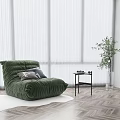 Green Bean Bag Chair On White Rug With Large Windows Striped Curtains And Herringbone Floor 3d model