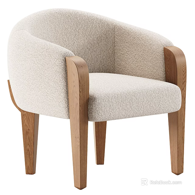 Modern Beige Textured Fabric Accent Chair With Wooden Armrests And Legs 3d model 