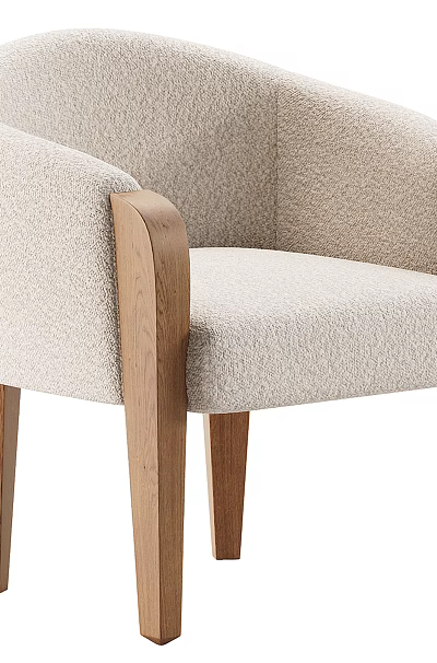 Modern Beige Textured Fabric Accent Chair With Wooden Armrests And Legs 3d model