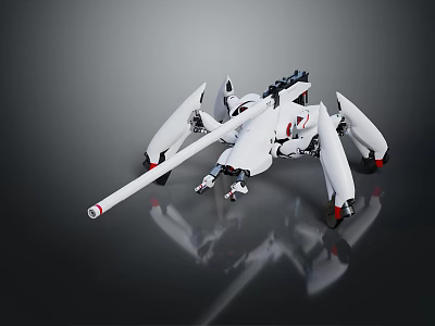 Futuristic White Mechanical Spider Robot With Multiple Legs And Weapon On Reflective Dark Background 3d model